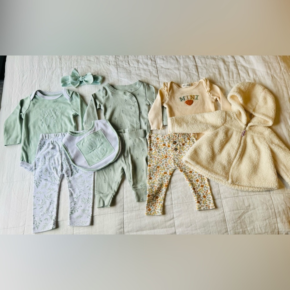 Baby Girl 9 piece set 3-6 Bundle Clothing Sets Lot Fuzzy Jacket Biege Sage Green